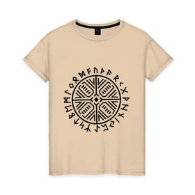 Женская футболка хлопок с принтом Рунический круг в Тюмени, 100% хлопок | прямой крой, круглый вырез горловины, длина до линии бедер, слегка спущенное плечо | рунический круг | руны | символ