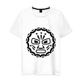 Мужская футболка хлопок с принтом Маска индейских племен в Тюмени, 100% хлопок | прямой крой, круглый вырез горловины, длина до линии бедер, слегка спущенное плечо. | Тематика изображения на принте: ацтеки | индейцы | культ | майа | маска | племя