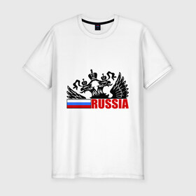 Мужская футболка премиум с принтом Россия в Тюмени, 92% хлопок, 8% лайкра | приталенный силуэт, круглый вырез ворота, длина до линии бедра, короткий рукав | герб | орел | патриот | россия | рф | триколор | флаг