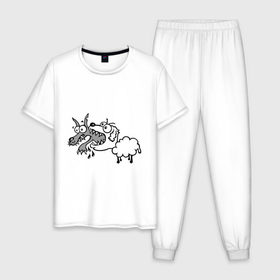 Мужская пижама хлопок с принтом Волк и овечка в Тюмени, 100% хлопок | брюки и футболка прямого кроя, без карманов, на брюках мягкая резинка на поясе и по низу штанин
 | Тематика изображения на принте: баран | внезапно | волк | ловушка | овечка | овца