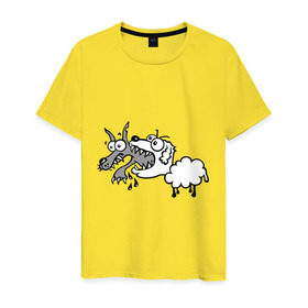 Мужская футболка хлопок с принтом Волк и овечка в Тюмени, 100% хлопок | прямой крой, круглый вырез горловины, длина до линии бедер, слегка спущенное плечо. | Тематика изображения на принте: баран | внезапно | волк | ловушка | овечка | овца