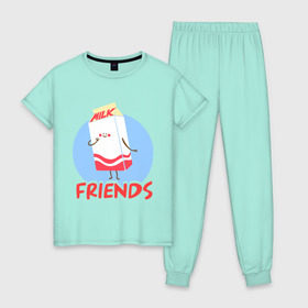 Женская пижама хлопок с принтом Молоко в Тюмени, 100% хлопок | брюки и футболка прямого кроя, без карманов, на брюках мягкая резинка на поясе и по низу штанин | best friends forever | друзья | лучшие | молоко | печенье | подарки | подруге. друг