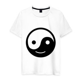 Мужская футболка хлопок с принтом Веселый Инь Янь в Тюмени, 100% хлопок | прямой крой, круглый вырез горловины, длина до линии бедер, слегка спущенное плечо. | веселый | инь | китай | смайл | улыбка | философия | ян | янь