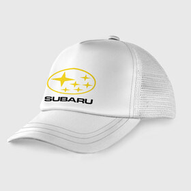 Детская кепка тракер с принтом Subaru Logo в Тюмени, Козырек - 100% хлопок. Кепка - 100% полиэстер, Задняя часть - сетка | универсальный размер, пластиковая застёжка | Тематика изображения на принте: logo | subaru | автомобиль | логотип | марка | субару