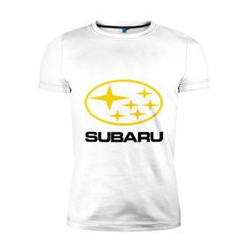 Мужская футболка премиум с принтом Subaru Logo в Тюмени, 92% хлопок, 8% лайкра | приталенный силуэт, круглый вырез ворота, длина до линии бедра, короткий рукав | Тематика изображения на принте: logo | subaru | автомобиль | логотип | марка | субару