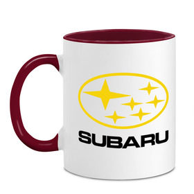 Кружка двухцветная с принтом Subaru Logo в Тюмени, керамика | объем — 330 мл, диаметр — 80 мм. Цветная ручка и кайма сверху, в некоторых цветах — вся внутренняя часть | logo | subaru | автомобиль | логотип | марка | субару