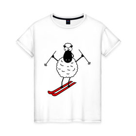 Женская футболка хлопок с принтом Овечка на лыжах в Тюмени, 100% хлопок | прямой крой, круглый вырез горловины, длина до линии бедер, слегка спущенное плечо | баран | год | гороскоп | зима | китайский | лыжи | новый год | овен | овца | снег