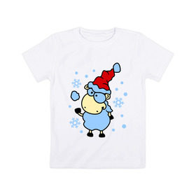 Детская футболка хлопок с принтом Барашек и снежок в Тюмени, 100% хлопок | круглый вырез горловины, полуприлегающий силуэт, длина до линии бедер | Тематика изображения на принте: барашек | зима | игра | новый год | овечка | овца | снег | снежки | снежок | шапка