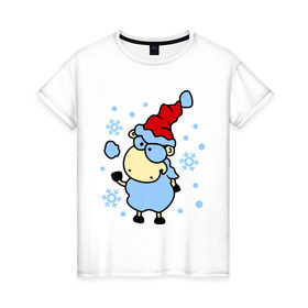 Женская футболка хлопок с принтом Барашек и снежок в Тюмени, 100% хлопок | прямой крой, круглый вырез горловины, длина до линии бедер, слегка спущенное плечо | Тематика изображения на принте: барашек | зима | игра | новый год | овечка | овца | снег | снежки | снежок | шапка