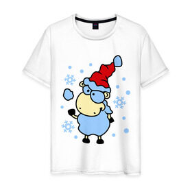 Мужская футболка хлопок с принтом Барашек и снежок в Тюмени, 100% хлопок | прямой крой, круглый вырез горловины, длина до линии бедер, слегка спущенное плечо. | Тематика изображения на принте: барашек | зима | игра | новый год | овечка | овца | снег | снежки | снежок | шапка