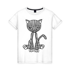 Женская футболка хлопок с принтом Серая кошка в Тюмени, 100% хлопок | прямой крой, круглый вырез горловины, длина до линии бедер, слегка спущенное плечо | кот | котенок | кошка | милый | серый