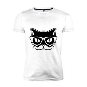 Мужская футболка премиум с принтом Учёный кот в Тюмени, 92% хлопок, 8% лайкра | приталенный силуэт, круглый вырез ворота, длина до линии бедра, короткий рукав | Тематика изображения на принте: голова | кот | очки | усы | ученый | хипстер