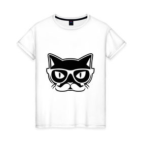 Женская футболка хлопок с принтом Учёный кот в Тюмени, 100% хлопок | прямой крой, круглый вырез горловины, длина до линии бедер, слегка спущенное плечо | голова | кот | очки | усы | ученый | хипстер
