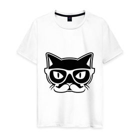 Мужская футболка хлопок с принтом Учёный кот в Тюмени, 100% хлопок | прямой крой, круглый вырез горловины, длина до линии бедер, слегка спущенное плечо. | Тематика изображения на принте: голова | кот | очки | усы | ученый | хипстер
