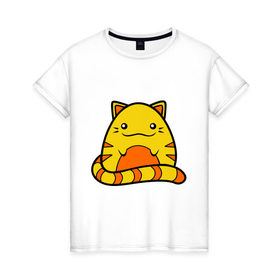 Женская футболка хлопок с принтом Довольный котик в Тюмени, 100% хлопок | прямой крой, круглый вырез горловины, длина до линии бедер, слегка спущенное плечо | довольный | кот | котенок | кошка | круглый | милый | яйцо