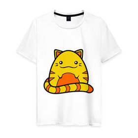 Мужская футболка хлопок с принтом Довольный котик в Тюмени, 100% хлопок | прямой крой, круглый вырез горловины, длина до линии бедер, слегка спущенное плечо. | Тематика изображения на принте: довольный | кот | котенок | кошка | круглый | милый | яйцо