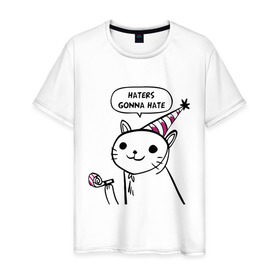 Мужская футболка хлопок с принтом Haters gonna hate в Тюмени, 100% хлопок | прямой крой, круглый вырез горловины, длина до линии бедер, слегка спущенное плечо. | Тематика изображения на принте: haters gonna hate | party cat | кот | мемы | праздник | приколы