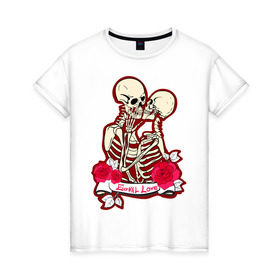 Женская футболка хлопок с принтом Вечная любовь в Тюмени, 100% хлопок | прямой крой, круглый вырез горловины, длина до линии бедер, слегка спущенное плечо | Тематика изображения на принте: скелет