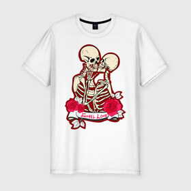 Мужская футболка премиум с принтом Вечная любовь в Тюмени, 92% хлопок, 8% лайкра | приталенный силуэт, круглый вырез ворота, длина до линии бедра, короткий рукав | Тематика изображения на принте: скелет
