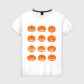 Женская футболка хлопок с принтом Тыквы в Тюмени, 100% хлопок | прямой крой, круглый вырез горловины, длина до линии бедер, слегка спущенное плечо | halloween | helloween | день всех святых | праздники | темные | тыквы | хэллоуин