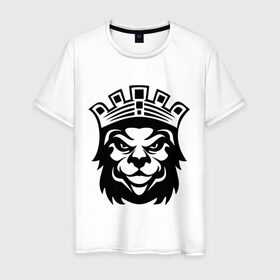 Мужская футболка хлопок с принтом Лев с короной в Тюмени, 100% хлопок | прямой крой, круглый вырез горловины, длина до линии бедер, слегка спущенное плечо. | король | корона | лев | царь | царь зверей