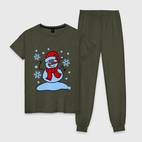 Женская пижама хлопок с принтом Забавный снеговик в Тюмени, 100% хлопок | брюки и футболка прямого кроя, без карманов, на брюках мягкая резинка на поясе и по низу штанин | забавный | милый | новый год | снег | снеговик | шапка