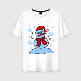 Женская футболка хлопок Oversize с принтом Забавный снеговик в Тюмени, 100% хлопок | свободный крой, круглый ворот, спущенный рукав, длина до линии бедер
 | забавный | милый | новый год | снег | снеговик | шапка