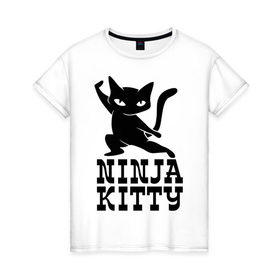 Женская футболка хлопок с принтом Ninja kitty в Тюмени, 100% хлопок | прямой крой, круглый вырез горловины, длина до линии бедер, слегка спущенное плечо | cat | kitty | ninja | киса | кот | котенок | кошка | ниндзя | нинзя