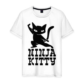 Мужская футболка хлопок с принтом Ninja kitty в Тюмени, 100% хлопок | прямой крой, круглый вырез горловины, длина до линии бедер, слегка спущенное плечо. | cat | kitty | ninja | киса | кот | котенок | кошка | ниндзя | нинзя