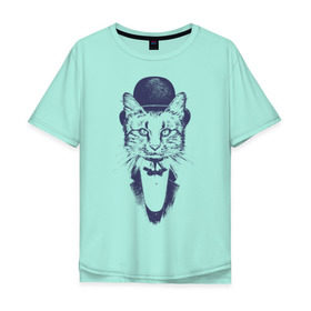 Мужская футболка хлопок Oversize с принтом Стильный кот в Тюмени, 100% хлопок | свободный крой, круглый ворот, “спинка” длиннее передней части | джентльмен | киса | кот | котелок | кошка | манишка | стиль | фрак