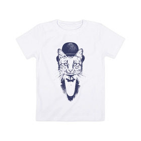 Детская футболка хлопок с принтом Стильный кот в Тюмени, 100% хлопок | круглый вырез горловины, полуприлегающий силуэт, длина до линии бедер | джентльмен | киса | кот | котелок | кошка | манишка | стиль | фрак