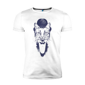 Мужская футболка премиум с принтом Стильный кот в Тюмени, 92% хлопок, 8% лайкра | приталенный силуэт, круглый вырез ворота, длина до линии бедра, короткий рукав | джентльмен | киса | кот | котелок | кошка | манишка | стиль | фрак