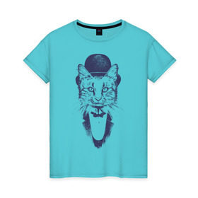 Женская футболка хлопок с принтом Стильный кот в Тюмени, 100% хлопок | прямой крой, круглый вырез горловины, длина до линии бедер, слегка спущенное плечо | джентльмен | киса | кот | котелок | кошка | манишка | стиль | фрак