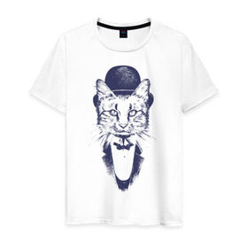 Мужская футболка хлопок с принтом Стильный кот в Тюмени, 100% хлопок | прямой крой, круглый вырез горловины, длина до линии бедер, слегка спущенное плечо. | джентльмен | киса | кот | котелок | кошка | манишка | стиль | фрак