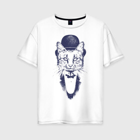 Женская футболка хлопок Oversize с принтом Стильный кот в Тюмени, 100% хлопок | свободный крой, круглый ворот, спущенный рукав, длина до линии бедер
 | джентльмен | киса | кот | котелок | кошка | манишка | стиль | фрак