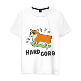 Мужская футболка хлопок с принтом Hardcorg в Тюмени, 100% хлопок | прямой крой, круглый вырез горловины, длина до линии бедер, слегка спущенное плечо. | Тематика изображения на принте: hardcorg | корги | очки | пес | скейт | собаки