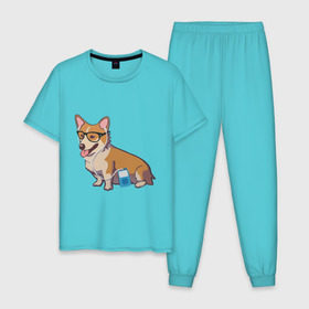 Мужская пижама хлопок с принтом Хипстер Корги в Тюмени, 100% хлопок | брюки и футболка прямого кроя, без карманов, на брюках мягкая резинка на поясе и по низу штанин
 | корги | милота | модник | очки | пес | плеер | собаки | хипстер