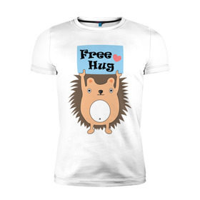Мужская футболка премиум с принтом Ежик бесплатные обнимашки в Тюмени, 92% хлопок, 8% лайкра | приталенный силуэт, круглый вырез ворота, длина до линии бедра, короткий рукав | Тематика изображения на принте: free hugs | бесплатно | еж | обнимашки