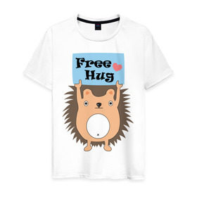 Мужская футболка хлопок с принтом Ежик бесплатные обнимашки в Тюмени, 100% хлопок | прямой крой, круглый вырез горловины, длина до линии бедер, слегка спущенное плечо. | free hugs | бесплатно | еж | обнимашки