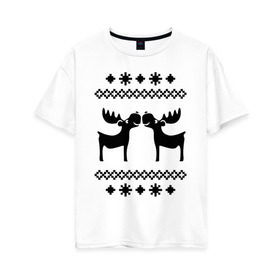 Женская футболка хлопок Oversize с принтом Узор с оленями в Тюмени, 100% хлопок | свободный крой, круглый ворот, спущенный рукав, длина до линии бедер
 | новый год | олень | рождество | свитер | узор