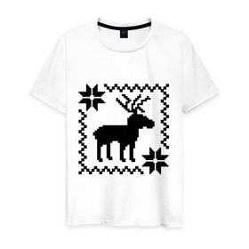 Мужская футболка хлопок с принтом Новогодний узор олень в Тюмени, 100% хлопок | прямой крой, круглый вырез горловины, длина до линии бедер, слегка спущенное плечо. | Тематика изображения на принте: новый год | олень | рождество | свитер | узор