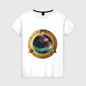 Женская футболка хлопок с принтом Иллюминатор в космос в Тюмени, 100% хлопок | прямой крой, круглый вырез горловины, длина до линии бедер, слегка спущенное плечо | space | иллюминатор | космос | окно