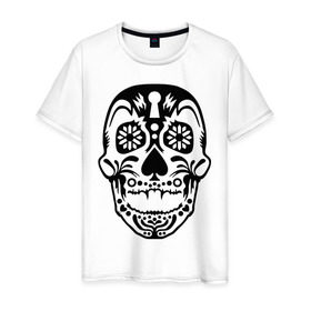 Мужская футболка хлопок с принтом Узорчатый череп в Тюмени, 100% хлопок | прямой крой, круглый вырез горловины, длина до линии бедер, слегка спущенное плечо. | Тематика изображения на принте: скелет