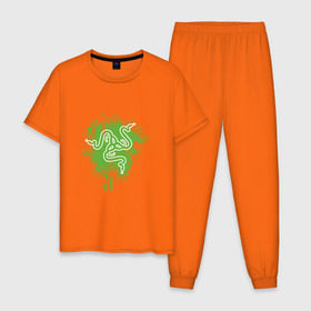 Мужская пижама хлопок с принтом Razer logo green в Тюмени, 100% хлопок | брюки и футболка прямого кроя, без карманов, на брюках мягкая резинка на поясе и по низу штанин
 | razer