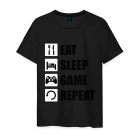Мужская футболка хлопок с принтом Repeat в Тюмени, 100% хлопок | прямой крой, круглый вырез горловины, длина до линии бедер, слегка спущенное плечо. | eat | game | repeat | sleep | еда | знаки | игры | перезагрузка | сон