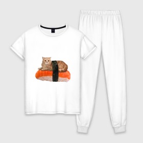 Женская пижама хлопок с принтом Котосуши в Тюмени, 100% хлопок | брюки и футболка прямого кроя, без карманов, на брюках мягкая резинка на поясе и по низу штанин | киса | кот | котосуши | рис | суши еда