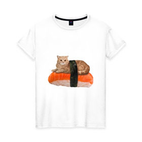Женская футболка хлопок с принтом Котосуши в Тюмени, 100% хлопок | прямой крой, круглый вырез горловины, длина до линии бедер, слегка спущенное плечо | киса | кот | котосуши | рис | суши еда