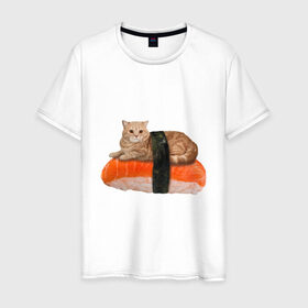 Мужская футболка хлопок с принтом Котосуши в Тюмени, 100% хлопок | прямой крой, круглый вырез горловины, длина до линии бедер, слегка спущенное плечо. | Тематика изображения на принте: киса | кот | котосуши | рис | суши еда