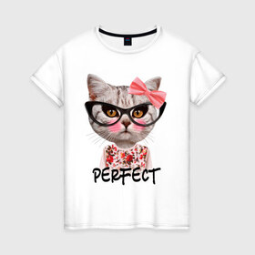 Женская футболка хлопок с принтом Perfect в Тюмени, 100% хлопок | прямой крой, круглый вырез горловины, длина до линии бедер, слегка спущенное плечо | perfect | бантик | животное | киса | кот | очки