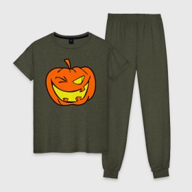 Женская пижама хлопок с принтом Подмигивающая тыква в Тюмени, 100% хлопок | брюки и футболка прямого кроя, без карманов, на брюках мягкая резинка на поясе и по низу штанин | halloween | тыква | хэллоуин